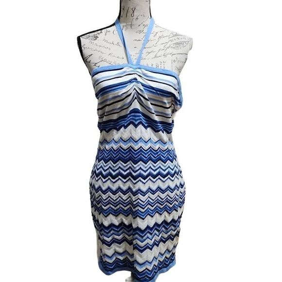 New Crave Fame Blue & White Chevron Open Weave Knit Halter Dress- Size Large - Picture 1 of 9